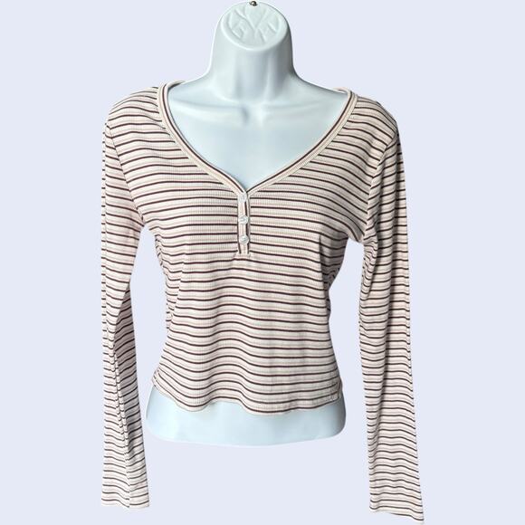 Orange Kiss Ribbed Striped Henley Top V-Neck Long Sleeve Beige/Burgundy M Y2K - Picture 1 of 6
